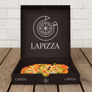 13 Pizza delivery box with brown paper exterior on a light colored wooden table