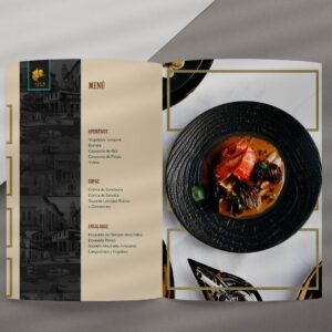 17 An exquisite menu featuring a plate of delectable food, complemented by a tastefully designed menu layout.